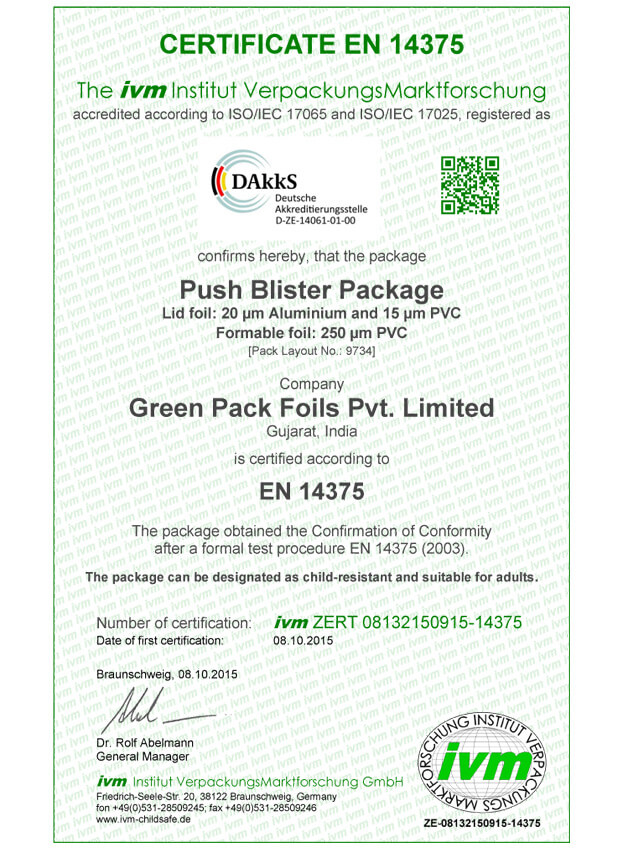 EN 14375-CRB Foil <br>Certificate
