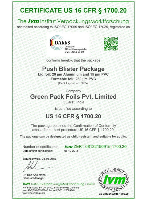 US 16 CFR § 1700.70-CRB Foil <br>Certificate